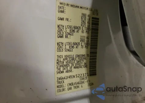 2018 Nissan Titan Xd Sl from USA, damaged, VIN 1N6AA1F49JN522371